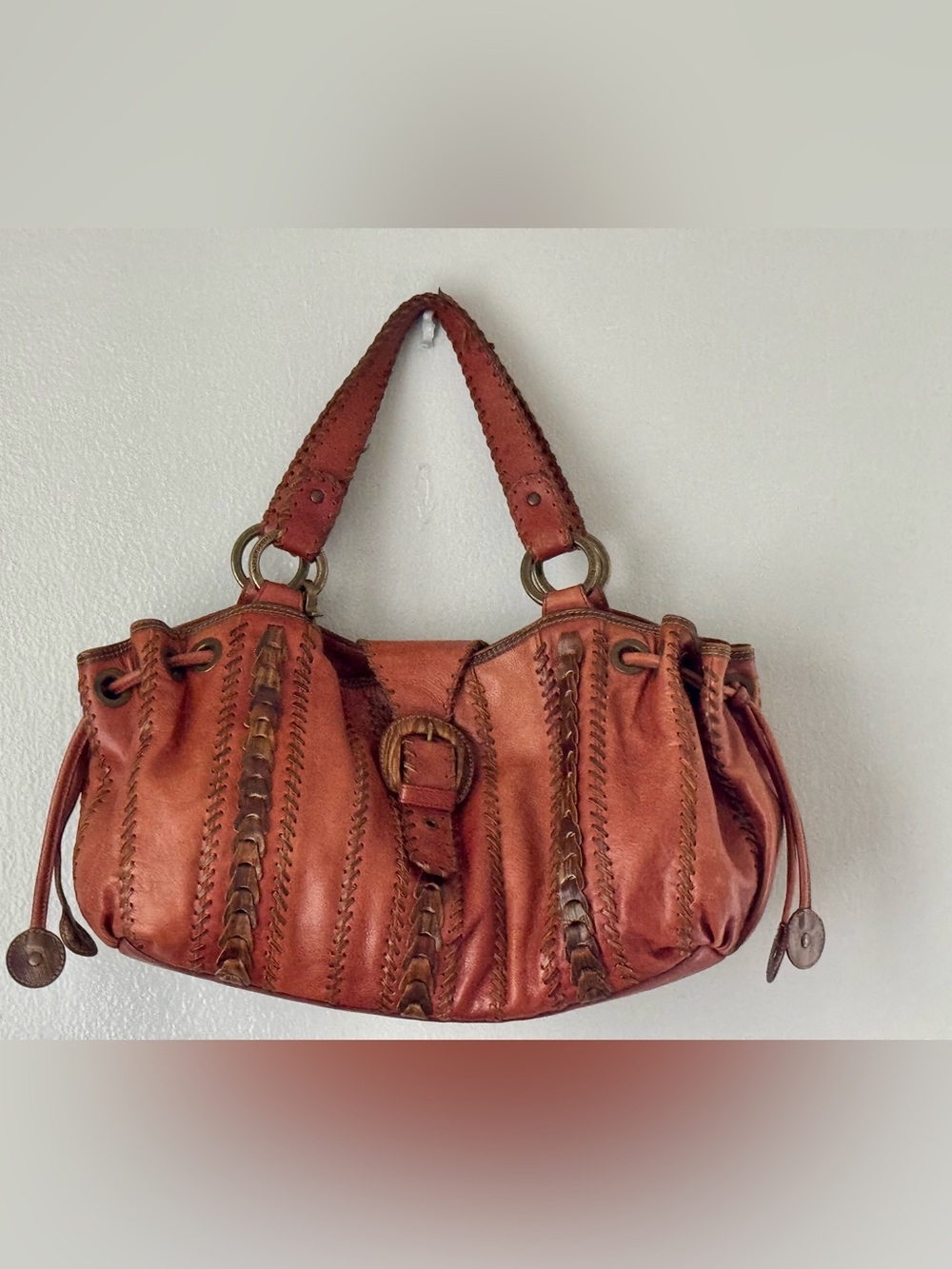 Isabella Fiore Whipstitch Leather Hobo Bag Boho Slouchy Brown Vintage
